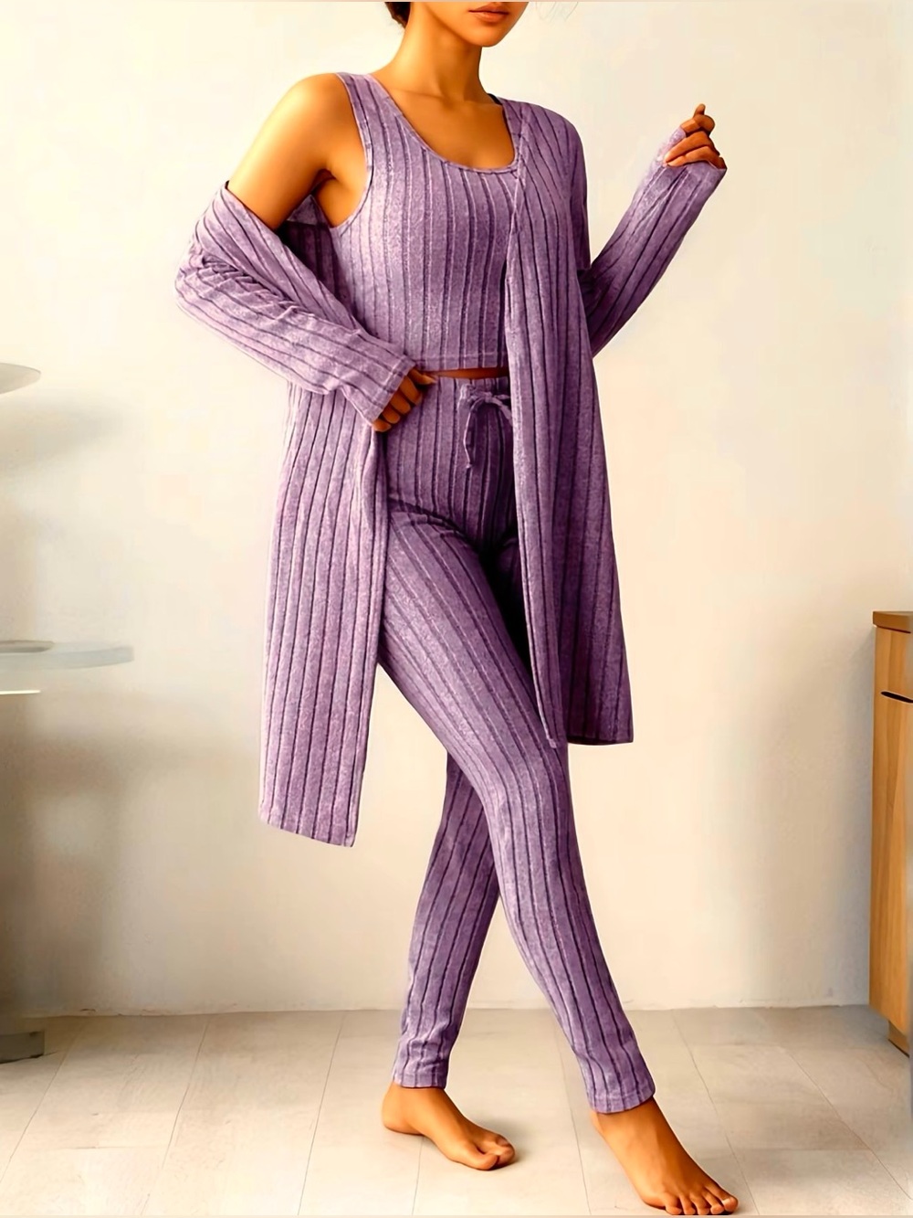 Lavender Ribbed 3-Piece Loungewear Set New Size L Soft Stretchy & Comfy. - Picture 4 of 7